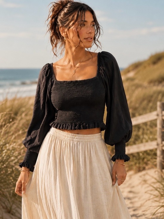 Pilcro Tops - Pilcro Anthropologie Black Smocked Puff Sleeve Cotton Crop Top Square Neck M
